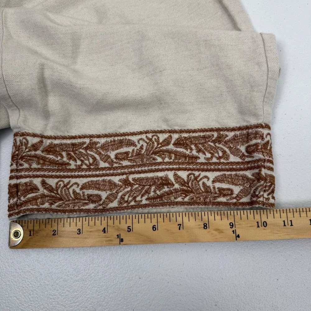 J. Jill Linen Blend Wide Leg Crop Pants Oatmeal Brown Embroidered‎ Hem Large P